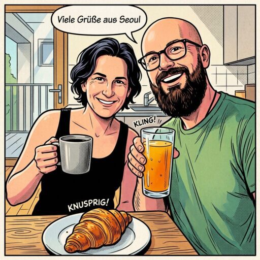 Jutta und Ralf beim Frühstück mit Gruß aus Seoul.